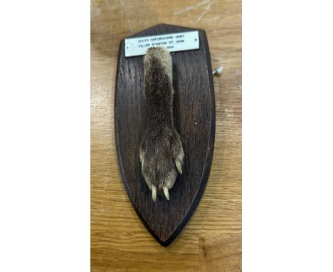 Vintage F.W Bartlett fox paw taxidermy on a wall mounted plaque stating this piece was from the ' South Oxfordshire Hunt Octo