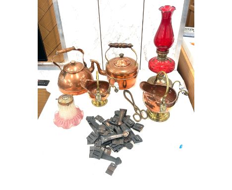 Selection of vintage copper items and glass oil lamp and vintage Mono attachments