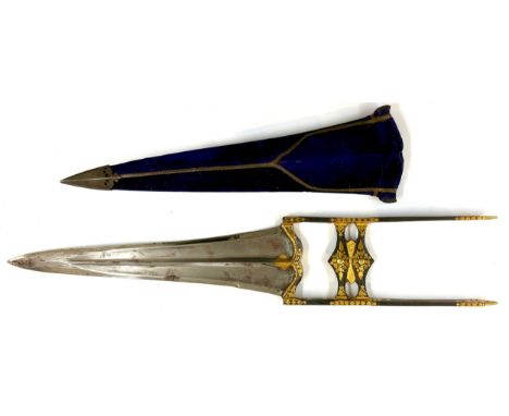 Indian hand crafted Katar dagger, 9" tapering blade with twin central fullers, heavy guard and swollen bar grips, inlaid in g