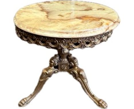 Brass onyx lamp table measures approximately 18 inches tall x 18 deep