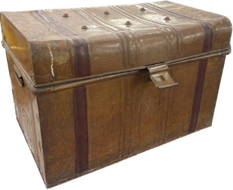Vintage tin trunk measures approximately 19 inches tall by 31 wide and 19 deep