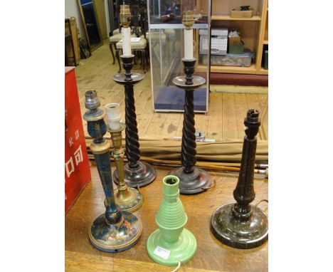 A quantity of lamp bases to inc turned wood and green bakelite examples