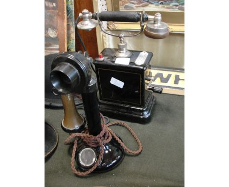 A vintage stick telephone; together with a box telephone