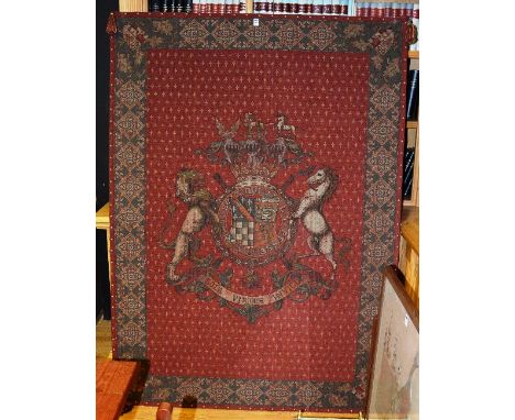 A large reproduction tapestry wall hanging, with large armorial British crest to centre flanked with lion and horse, 'Sola Vi