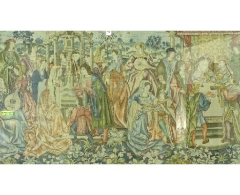A 17th century style tapestry wall panel, in heavy wood frame, 64cm high x 112cm wide