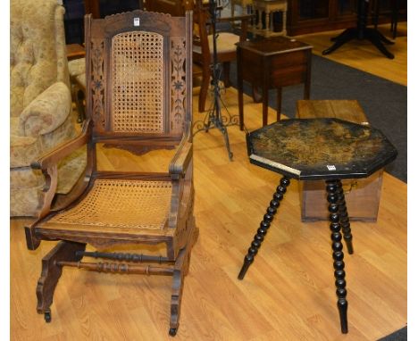 A 19th century ebonised gypsy table, with octagonal top raised on bobbin supports, 63cm high x 36cm wide, together with a Vic