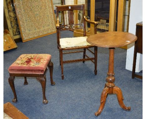 A Victorian tripod table, 74cm high x 51cm wide, together with a mahogany pad foot stool and an Edwardian mahogany and inlaid