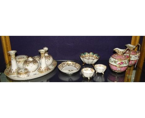 A mixed lot of Noritake porcelain, to include an eight piece dressing table set, pair of pink enamel decorated jugs, sugar bo