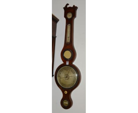 A Georgian mahogany and line inlaid wheel barometer, with temperature and thermometer gauge, 97cm high