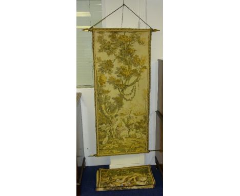 Two 17th century style wall hanging tapestry panels, depicting figures, dogs and trees, 145cm high x 64cm wide, together with