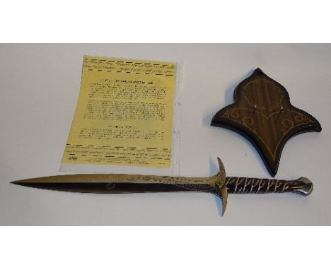 A Lord of the Rings limited edition reproduction sword 'Sting', with certificate of authenticity and wooden plinth, 56.5cm lo