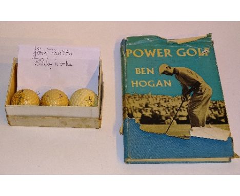 Three vintage golf balls, signed by John Panton, Bobby Locke and Fred Daly, comprising of two Dunlop 65 balls and a Bing Cros