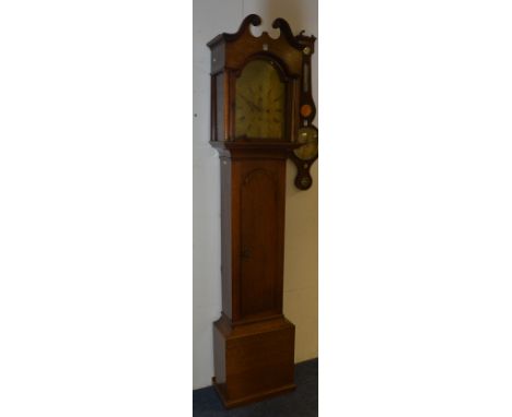 An oak cased eight day longcase clock signed Robert Weatherston Berwick circa late 18th century, the hood with broken swan sc