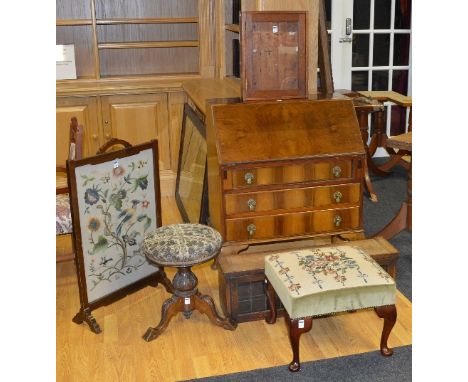 A mixed lot of furniture, to include a vintage walnut writing bureau, Victorian revolving piano stool, dressing stool, oak bo