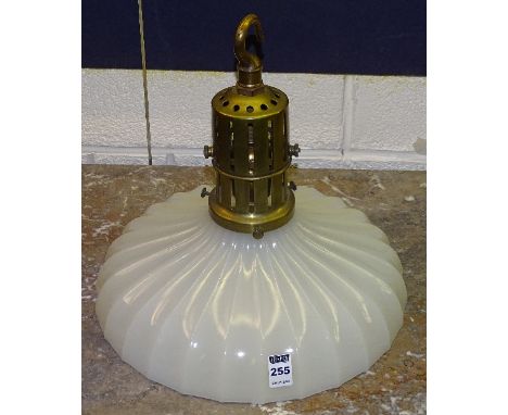 An Art Deco American opaline glass light shade with brass fitting, by Jefferson Glass Co, Follansbee, USA, with moulded decor