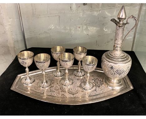 SILVER PLATED PERSIAN TRAY/DRINKING VESSEL &amp; 6 GOBLETS