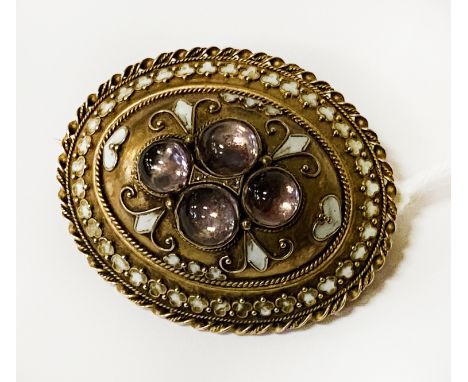 15 CARAT GOLD BROOCH WITH AMETHYST &amp; ENAMEL