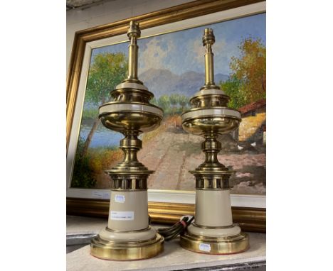 PAIR OF BRASS &amp; ENAMEL TABLE LAMPS - 52CMS (H) APPROX