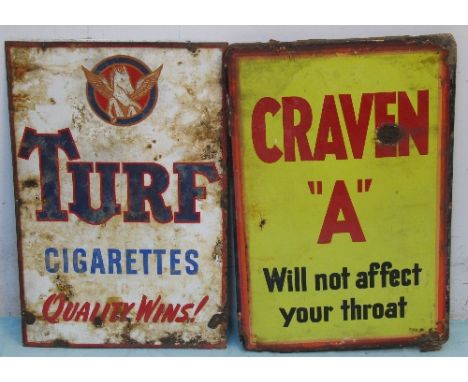 Two enamel advertising signs, both of oblong form for Turf Cigarettes Quality Wins in blue and red on a white ground, 76cm x 
