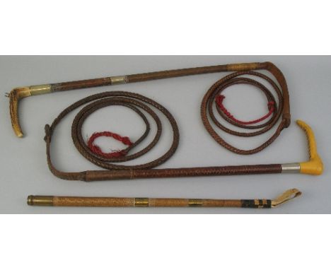 Riding, a riding crop of tapering plaited form, the brass pommel embossed with a jockey's head, 53cm long, a riding whip with