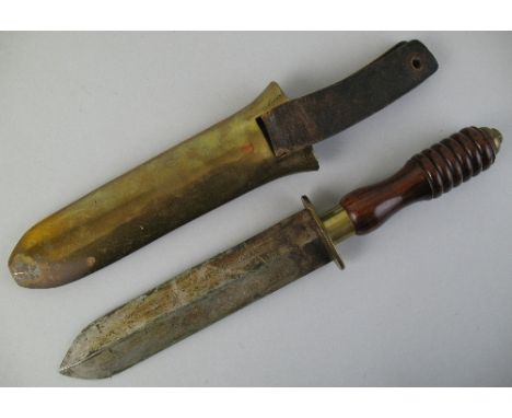 An early 20th Century Siebe Gorman and Co divers knife, with 19.5cm steel double sided blade and turned hardwood handle in br