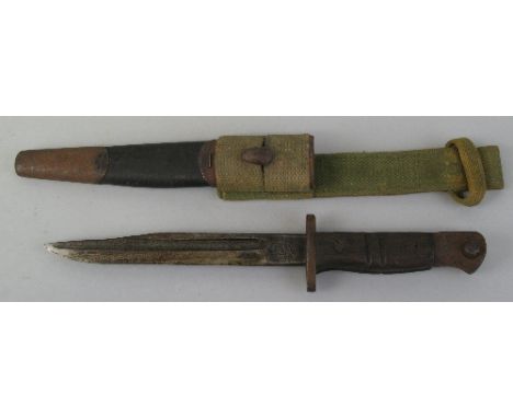 A World War I Remington bayonet, with 18cm steel cut down blade as a World War II fighting knife in scabbard with P37 frog, 3