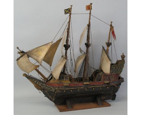 A scratch built wooden model, of the galleon "Mayflower", the oblong wooden base with manuscript label "Thomas Alvin Prince S