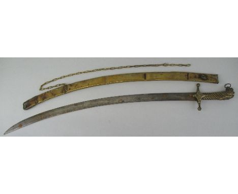 A late 18th Century bandsman's sword, with 69cm curving steel blade, mameluke type hilt with simulated wire bound embossed br