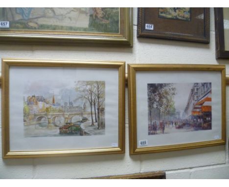 Pair of Julian Porisse gilt framed scenic print views of old Paris