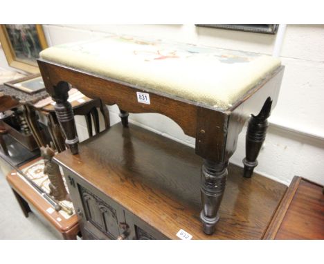 Oak Dressing Stool with needlework seat depicting a hunting scene