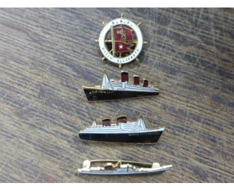 Three Vintage Stratton Enamel Badges in the form of the Ships / Cruise Liners Queen Mary, Saxonia and Queen Elizabeth togethe