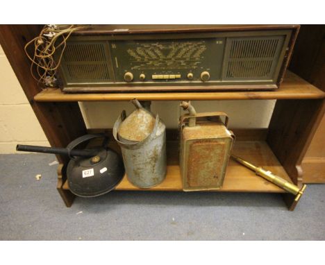 Vintage brass Auto M Grease gun and three oil cans 