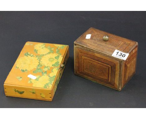 Antique hardwood tea caddy and a floral decorated box.