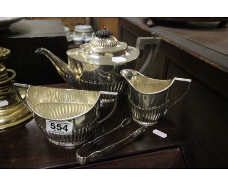 Mappin & Webb Silver Plated Three Piece Tea Service and a Sugar Tongs