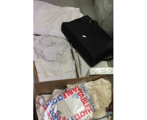 Large box of vintage tablecloths, linen etc