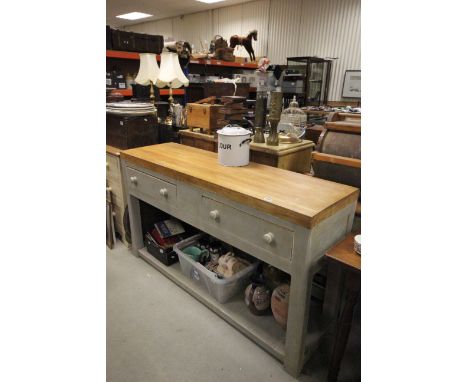 Substantial kitchen work table with two drawers & pot shelf