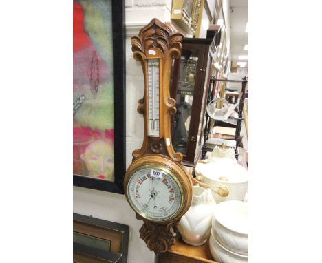 Early 20th century Oak Cased Aneroid Barometer and Thermometer