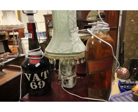 Table Lamp made from a Large Johnnie Walker Whiskey Bottle, another from a VAT 69 Whiskey Bottle plus a Ceramic Playing Card 