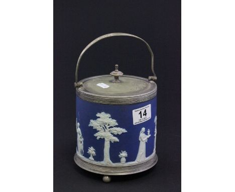 Wedgewood Jasperware biscuit barrel with silver plated fittings