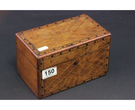 A 19th century mahogany tea caddy with tunbridge ware and crossed hatch decoration to lid