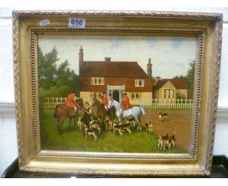 Gilt Framed Oil on Board of Hunting Meet at Pub signed W H Darlington 1955