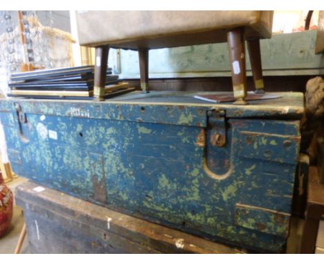 Vintage Blue Painted Pine and Iron Bound Tool Box