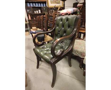 Vintage green leather and wood button back office chair 