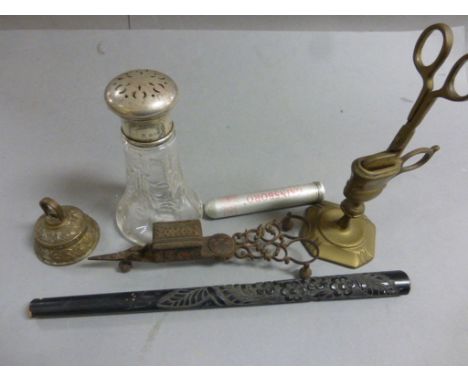 A silver topped and glass sifter, two vintage wick trimmers etc