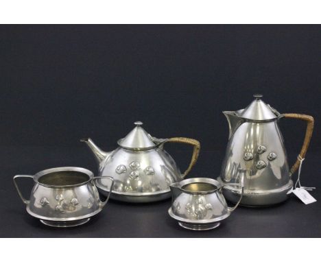 A Liberty & Co four piece pewter tea and coffee service, no 0303, each with stamped marks