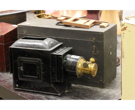 Boxed Magic Lantern with adjustable brass lens and quantity of Old Magic Lantern Glass Slides including Puss in Boots, Views 