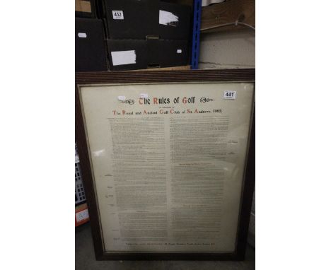 A vintage oak framed list of the the rules of golf as published by appointment by The Royal and Ancient Golf Club of St Andre