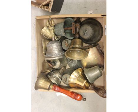 Tray of vintage metal bells to include hand held