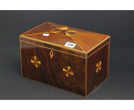 A large antique string inlaid mahogany  tea caddy with mixed wood  panels 