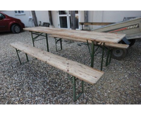 Vintage Industrial / Festival / Garden Trestle Table and Two Bench Set with Pine Tops and Folding Metal Legs, German made